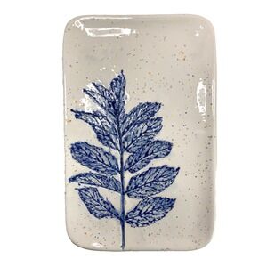 Handmade Stoneware Small Serving Plate Dish w/ Cobalt Leaf Design Imprint 9in